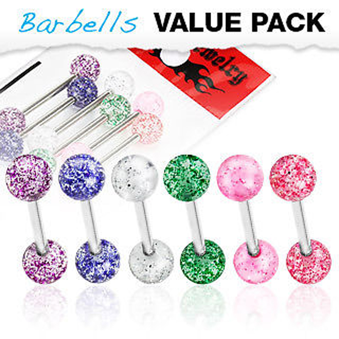 5 Pack of Glitter Ball Tongue Nipple Barbells
